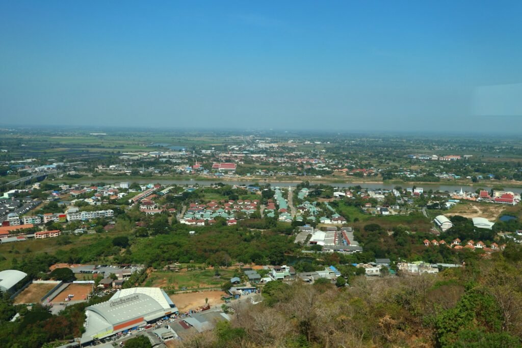 Cityscape view under a clear blue sky.